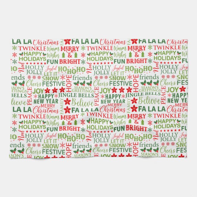 Christmas Typography Red & Green Seamless Pattern Kitchen Towel (Horizontal)