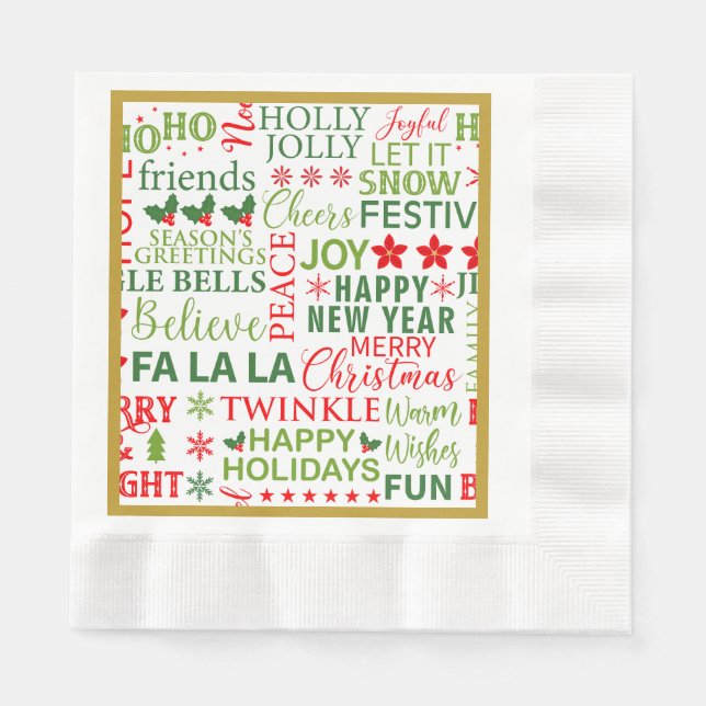 Christmas Typography Red & Green Seamless Pattern Napkins (Front)