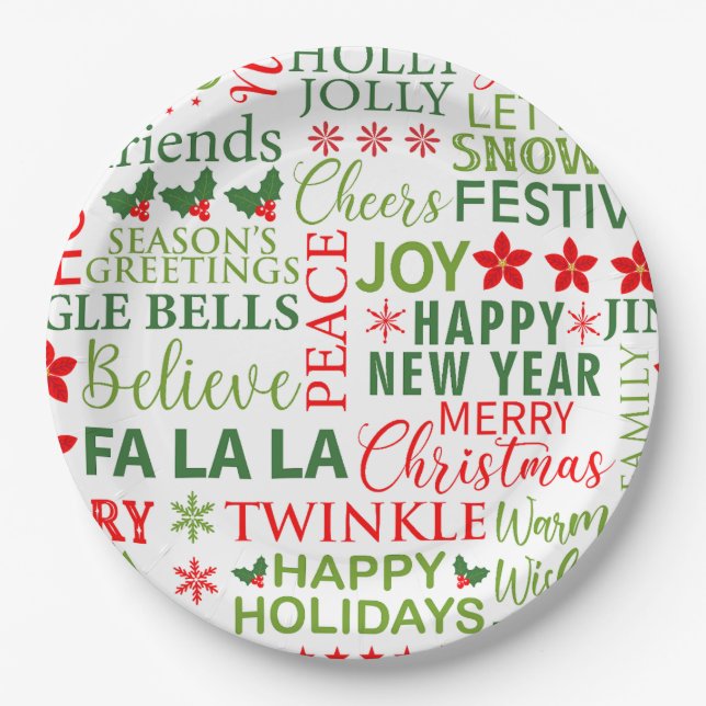 Christmas Typography Red & Green Seamless Pattern Paper Plates (Front)