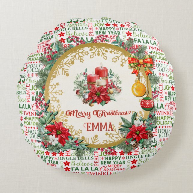 Christmas Typography Red & Green Seamless Pattern Round Pillow (Front)