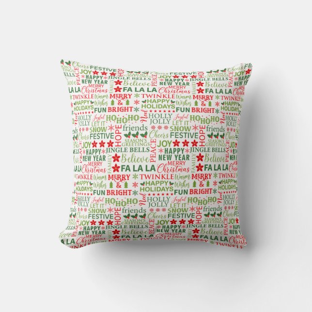 Christmas Typography Red & Green Seamless Pattern Throw Pillow (Front)