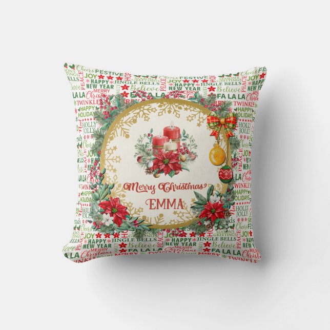 Christmas Typography Red & Green Seamless Pattern Throw Pillow (Front)