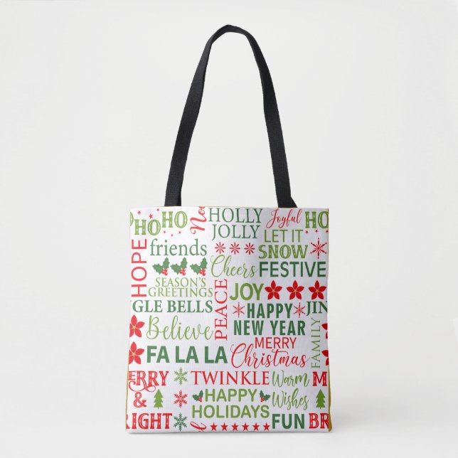 Christmas Typography Red & Green Seamless Pattern Tote Bag (Front)