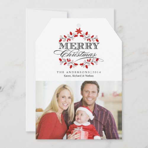 Christmas Typography Red Holly Flat Photo Card