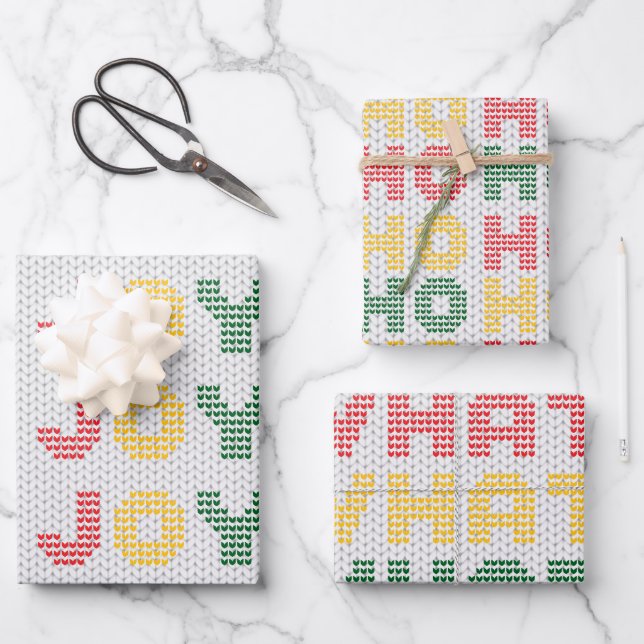 Christmas Typography Ugly Sweater Texture Wrapping Paper Sheets (Front)