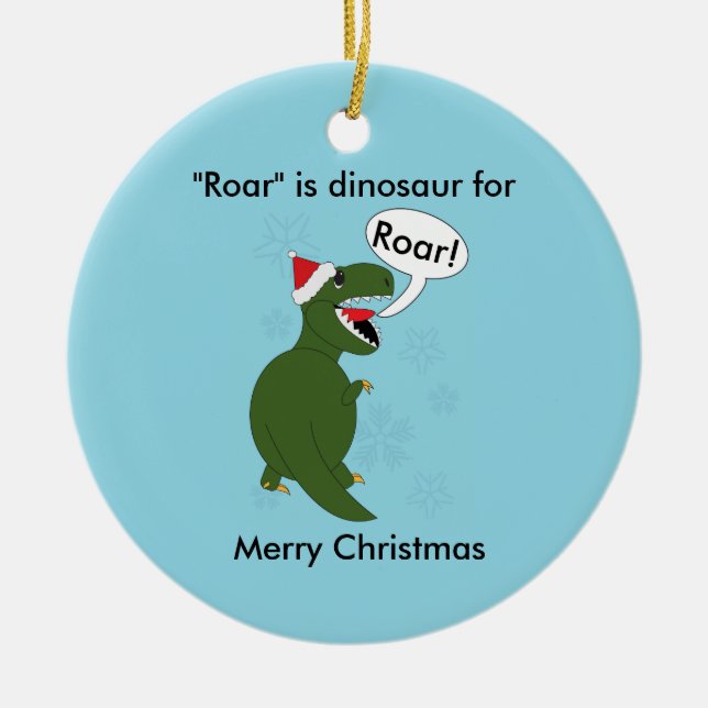 Christmas Tyrannosaurus Rex Dinosaur Blue Custom Ceramic Ornament (Front)