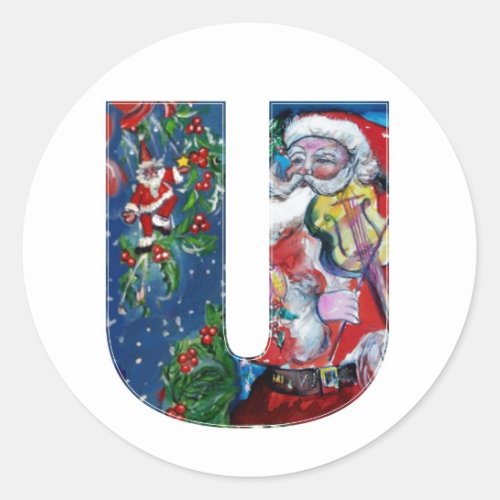 CHRISTMAS U LETTER   SANTA WITH VIOLIN MONOGRAM CLASSIC ROUND STICKER