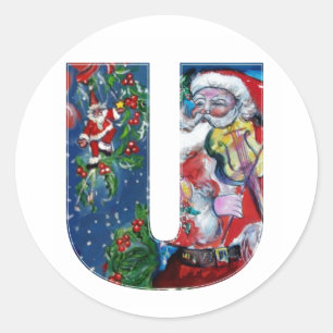 CHRISTMAS U LETTER / SANTA WITH VIOLIN MONOGRAM CLASSIC ROUND STICKER