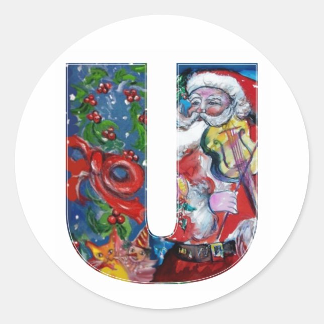 CHRISTMAS U LETTER  / SANTA WITH VIOLIN MONOGRAM CLASSIC ROUND STICKER (Front)