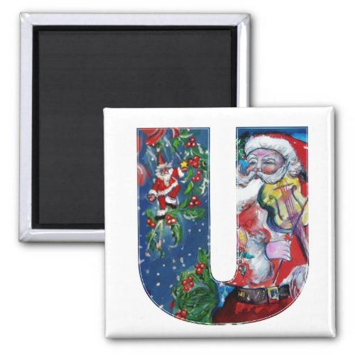 CHRISTMAS U LETTER  SANTA  WITH VIOLIN MONOGRAM MAGNET