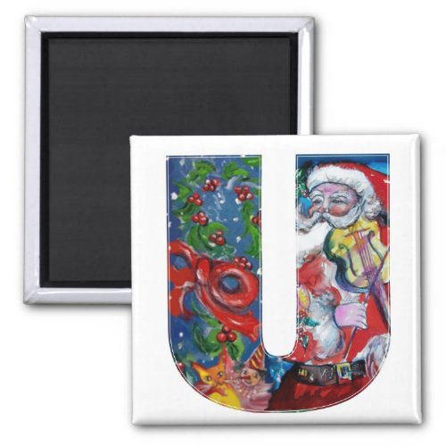 CHRISTMAS U LETTER  SANTA  WITH VIOLIN MONOGRAM MAGNET