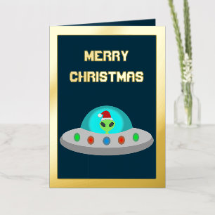 Christmas UFO Ho Ho Alien flying saucer Custom Foil Greeting Card
