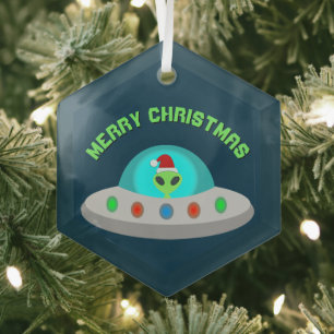 Christmas UFO Ho Ho Alien flying saucer Custom Glass Ornament