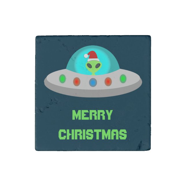 Christmas UFO Ho Ho Alien flying saucer Custom Stone Magnet (Front)
