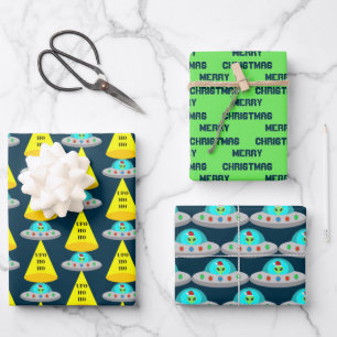 Christmas UFO Ho Ho Alien flying saucer Custom Wrapping Paper Sheets