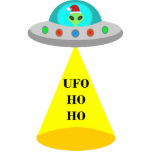 Christmas UFO Ho Ho Alien flying saucer Cutout<br><div class="desc">This Christmas photo sculpture features a digital art image of an alien spacecraft decorated with bright colored Christmas lights. Inside the UFO looking out through the window there is a green alien with black eyes wearing a festive Santa hat. There is a cone of light coming from the flying saucer....</div>