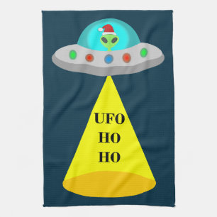 Christmas UFO Ho Ho Alien flying saucer Kitchen Towel