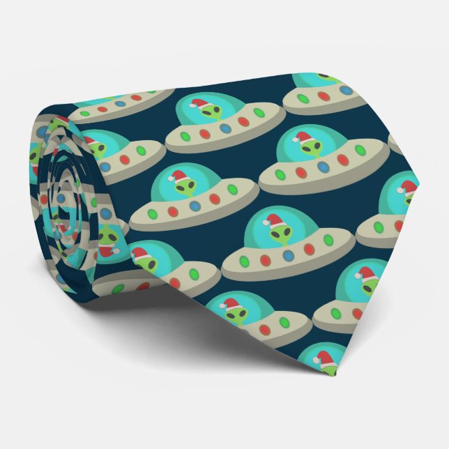 Christmas UFO Ho Ho Alien flying saucer Patterned Neck Tie (Rolled)