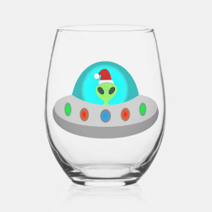 Christmas UFO Ho Ho Alien flying saucer Stemless Wine Glass