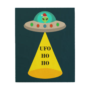 Christmas UFO Ho Ho Alien flying saucer Wood Wall Art