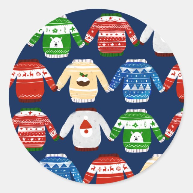 Christmas Ugly sweater Blue Classic Round Sticker (Front)