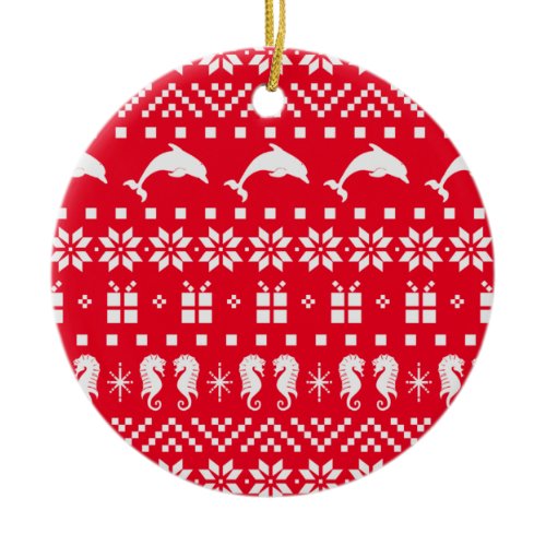 Christmas Ugly Sweater Dolphins and Seahorses Ceramic Ornament