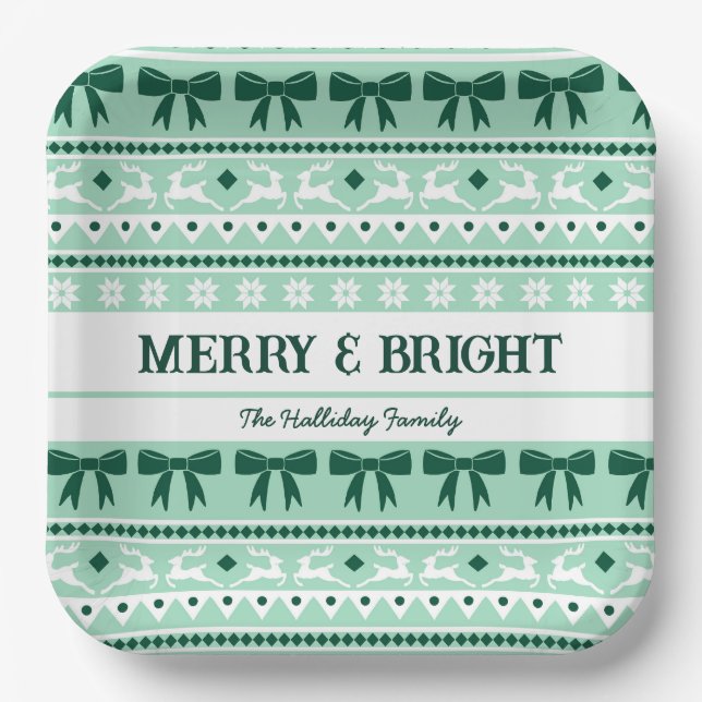 Christmas Ugly Sweater Family Name Mint Green Paper Plates (Front)