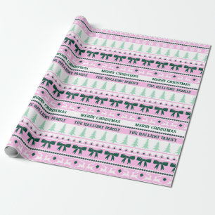Christmas Ugly Sweater Family Name Pink & Green Wrapping Paper