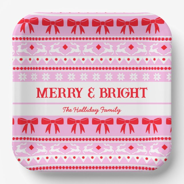 Christmas Ugly Sweater Family Name Pink & Red Paper Plates (Front)