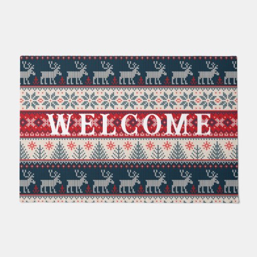 Christmas Ugly Sweater Faux Knitting Reindeer Doormat