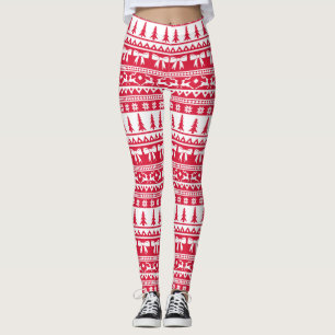 Christmas Ugly Sweater Knit Pattern in Red & White Leggings