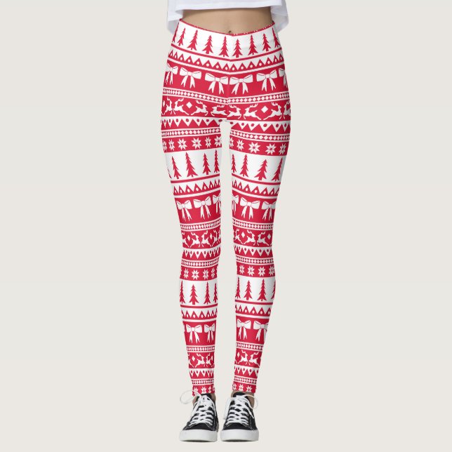 Christmas Ugly Sweater Knit Pattern in Red & White Leggings (Front)