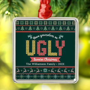 Christmas Ugly Sweater Nordic Hunter Green Knit Metal Ornament