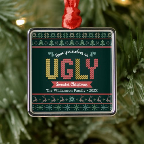 Christmas Ugly Sweater Nordic Hunter Green Knit  Metal Ornament