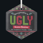 Christmas Ugly Sweater Nordic Knit Fun Chalkboard  Glass Ornament<br><div class="desc">“Have yourself an ugly sweater Christmas.” Help decorate your tree in “style” with this unique, fun holiday premium glass ornament! Nordic knit fair isle pattern of whimsical trees, reindeer, ornaments, along with playful “sweater” typography in red, green and aqua blue, overlay a chalkboard background. Feel the warmth and joy of...</div>