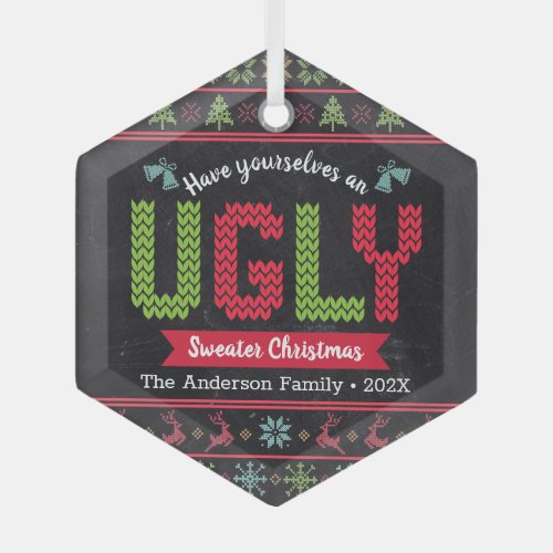 Christmas Ugly Sweater Nordic Knit Fun Chalkboard  Glass Ornament