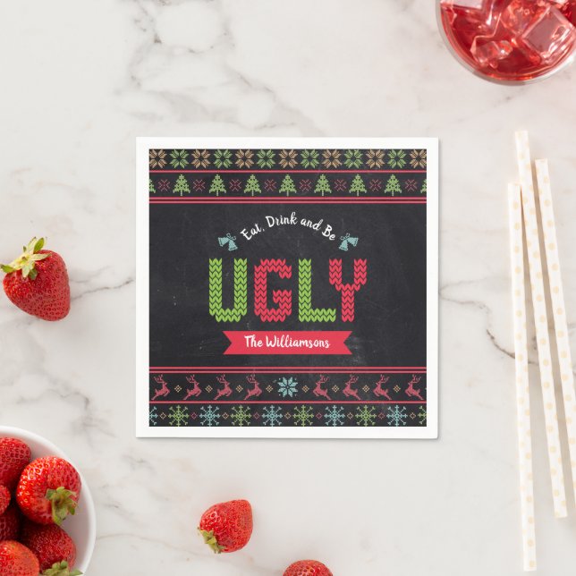 Christmas Ugly Sweater Nordic Knit Name Chalkboard Napkins (Insitu)