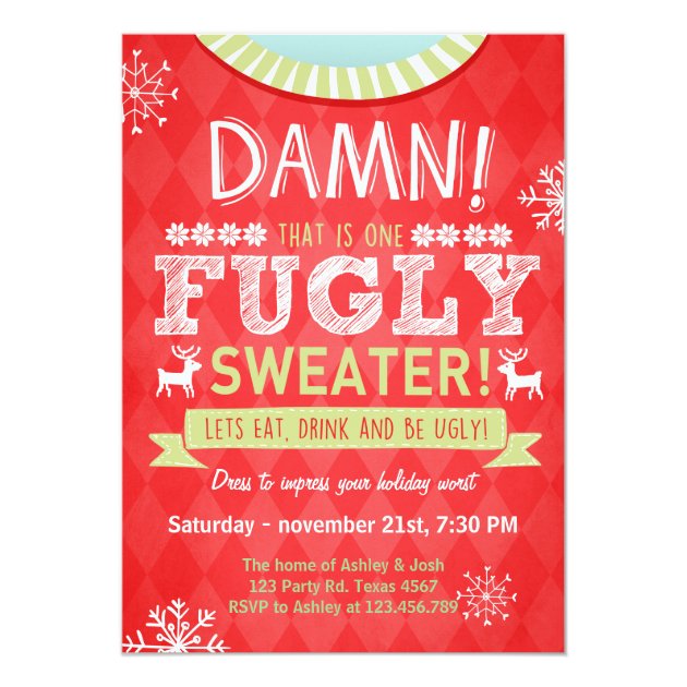 Christmas Ugly Sweater Party Fugly Sweater Red Invitation