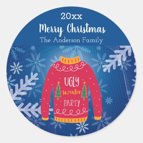Christmas ugly sweater red blue snowflakes name classic round sticker