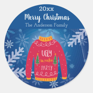 Christmas ugly sweater red blue snowflakes name classic round sticker
