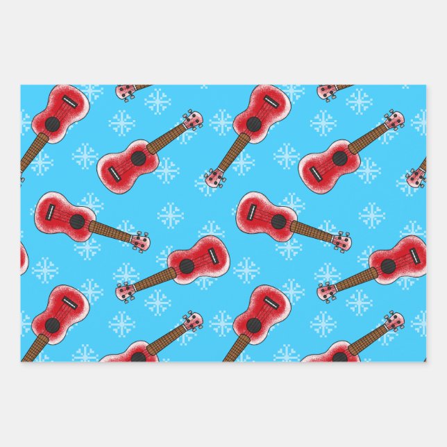 Christmas Ukulele Uke Player Musician Pattern Wrapping Paper Sheets (Front)