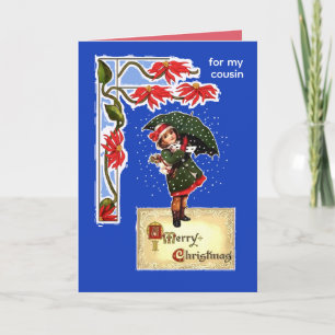 Christmas Umbrella Girl in Snow for Cousin Card