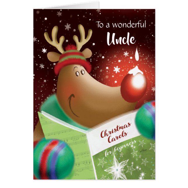 Christmas, Uncle. Snowdrop on Red Nose Deer Cards (Front)