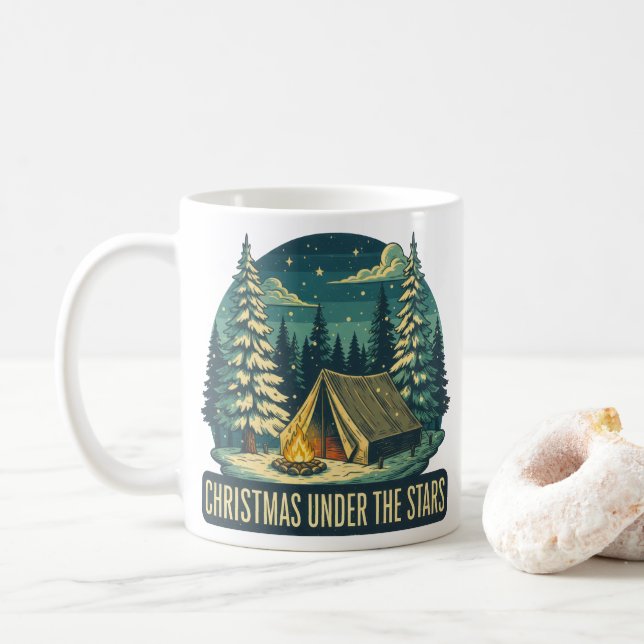 Christmas Under the Stars Camping Scene Coffee Mug (With Donut)