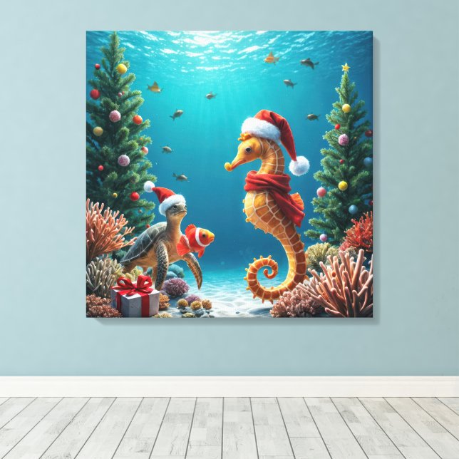 Christmas Underwater Ocean Seahorse and Turtle Canvas Print (Insitu(Wood Floor))