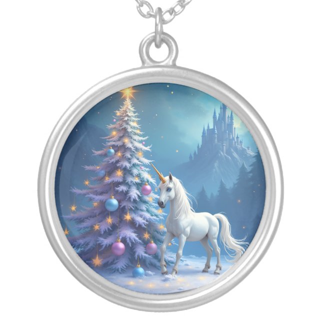 Christmas Unicorn and Fairytale Castle Silver Plated Necklace (Front)