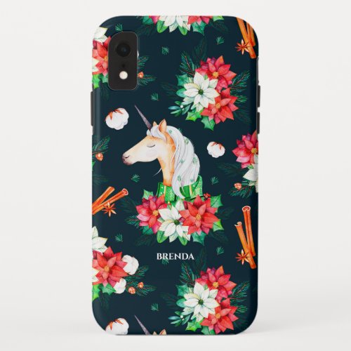 Christmas unicorn and poinsettia pattern iPhone XR case