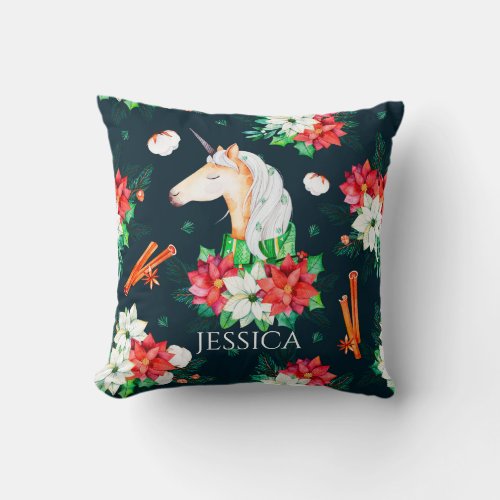 Christmas unicorn and poinsettia pattern No2 Throw Pillow
