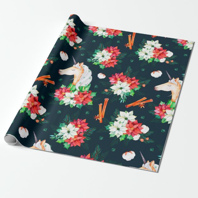 Christmas unicorn and poinsettia pattern wrapping paper (Unrolled)
