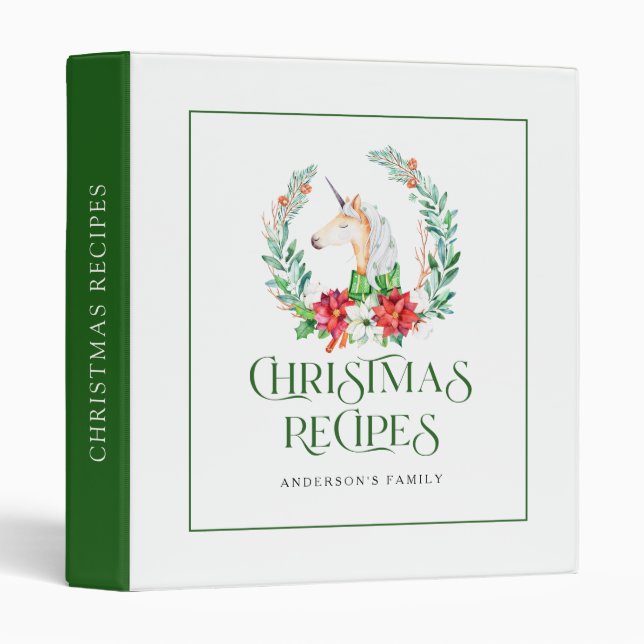 Christmas unicorn and poinsettia wreath 3 ring binder (Front/Spine)